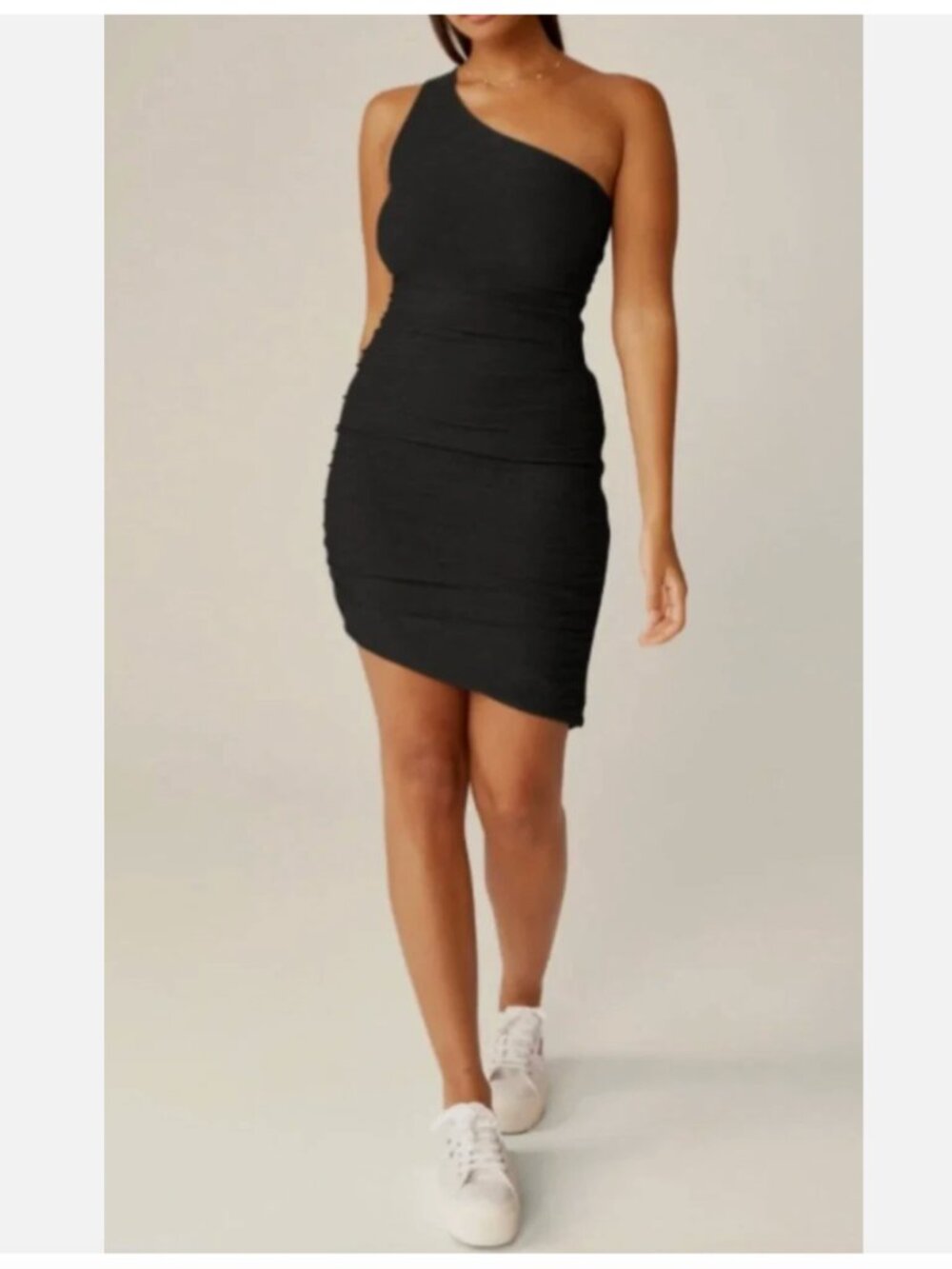 Beyond Yoga NWT Featherweight Carried Away One Shoulder Ruched Dress Blk Size XS